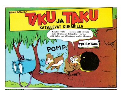 Tiku ja Taku katselevat kiikarilla